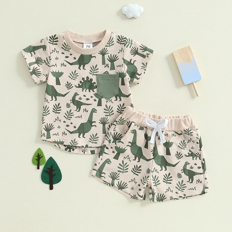 Tregren Infant Baby Boys Dinosaur Outfits Summer Short Sleeve T-shirt and Elastic Waist Shorts 2Pcs Sets Toddler Casual Clothes