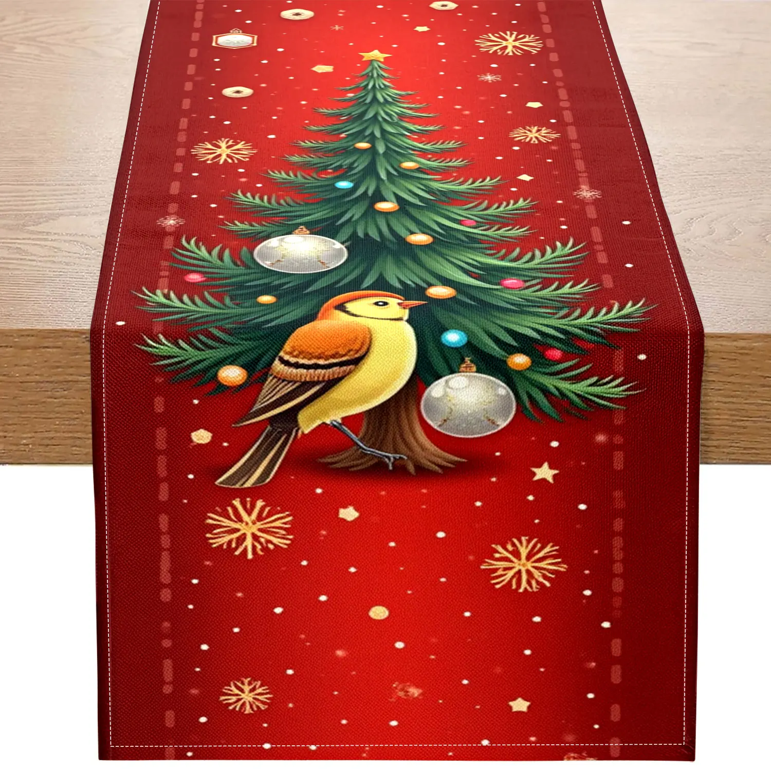 

Цельная скатерть с рождественской тематикой, напечатанная с птицами, рождественскими елками и узорами снежинок, подходит для рождественских ужинов, праздничных украшений и других мероприятий.