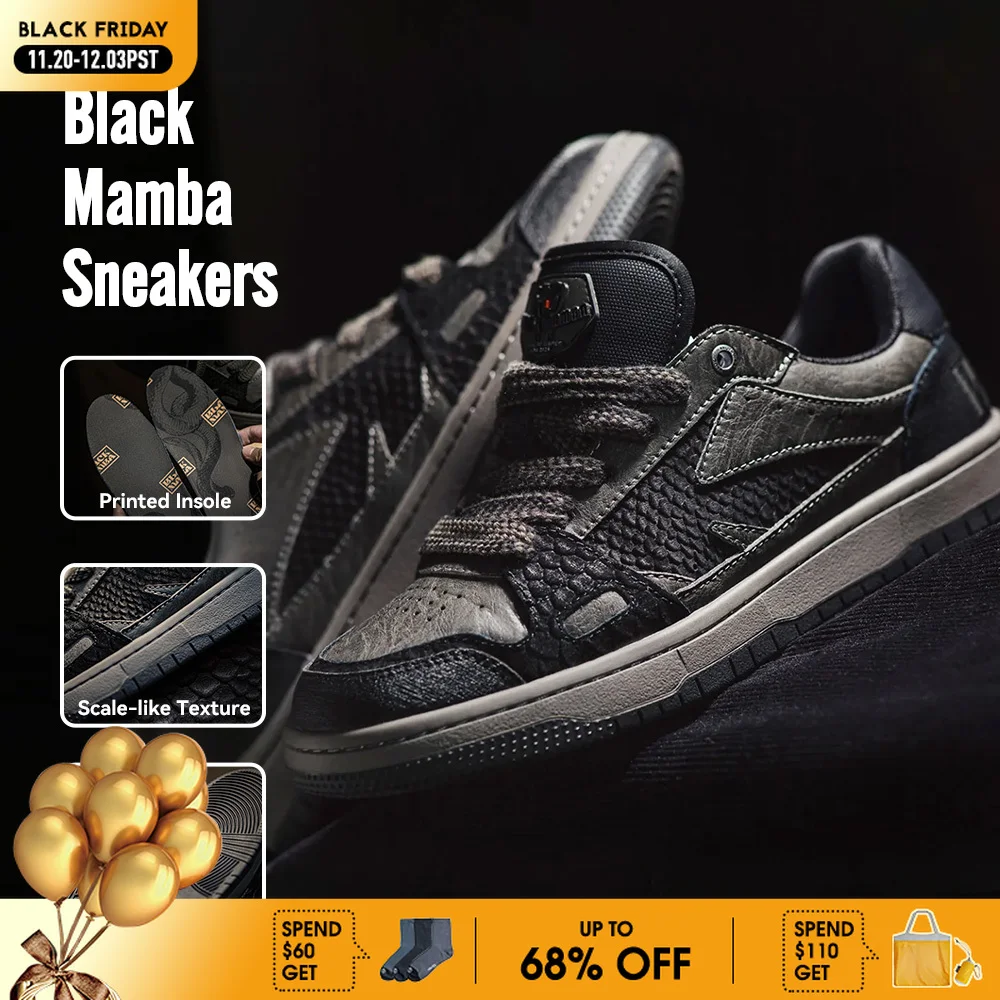 

Maden Spring Casual Snake Year Black Mamba Men's Sneakers Low-Top Flat Sole Versatile Black Shoes for Autumn Skateboarding Shoes