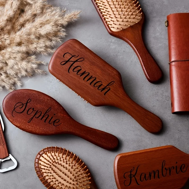 Engraved Name Sandalwood Hair Comb - Medium Bristle, Anti-Static, Massage Dry Hair Care, Elegant Personalized Gift for Women view 3