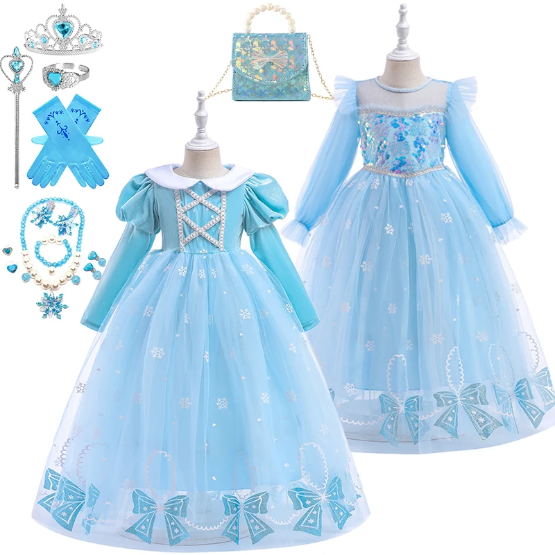 

Velvet Light Blue Snowflake Queen Long Sleeve Elsa Princess Girl Dress Christmas Halloween Fairy Festival Birthday Party Clothes