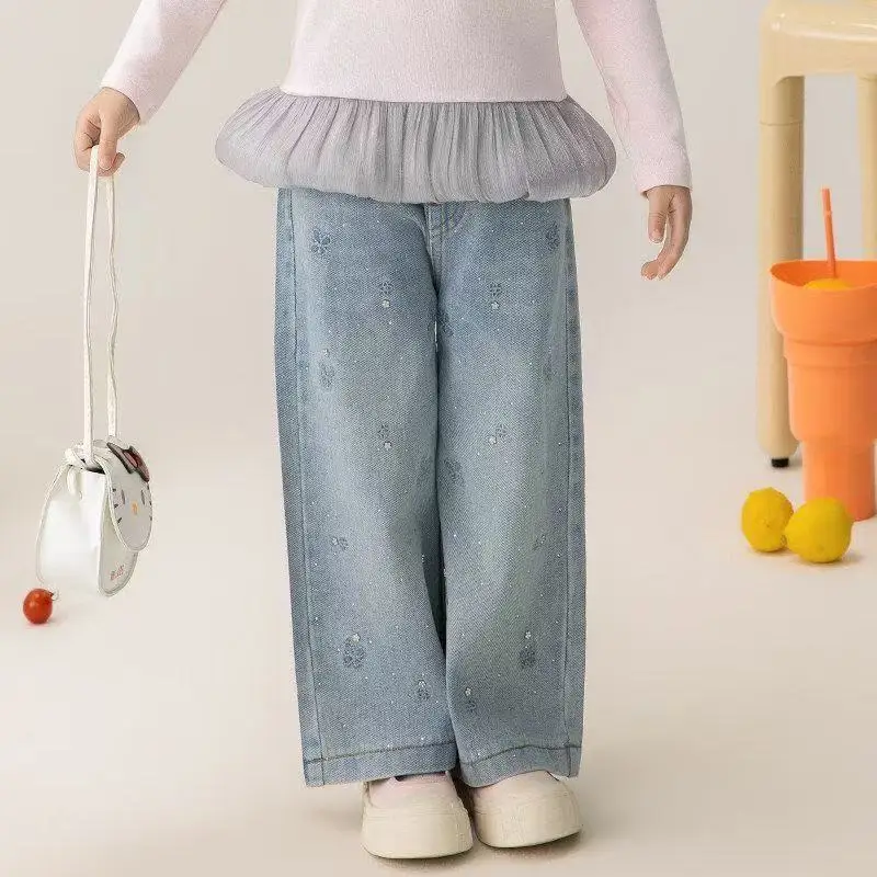 

Джинсы для девочек: модные прямые брюки на весну-осень, повседневные широкие брюки с горячими стразами, размеры 1-9 лет