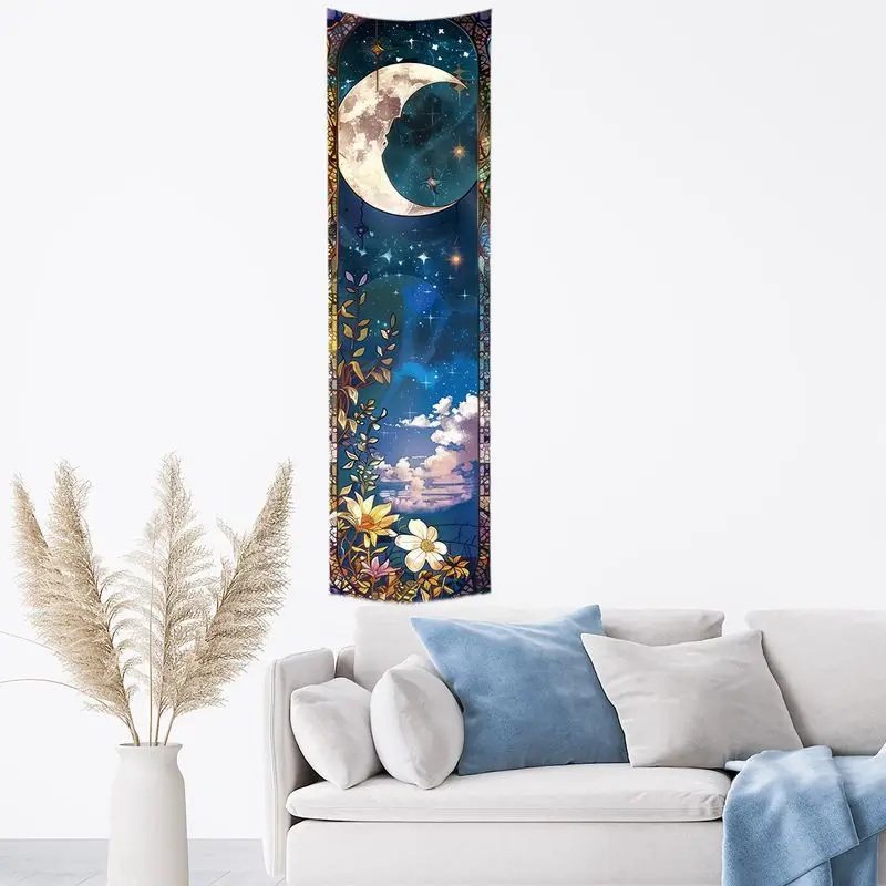 VIKAMA Painted Glass Wind Sun Crescent Moon Flower Sea Long Tapestry Wall Decoration Entrance Room Decoration Home Decoration