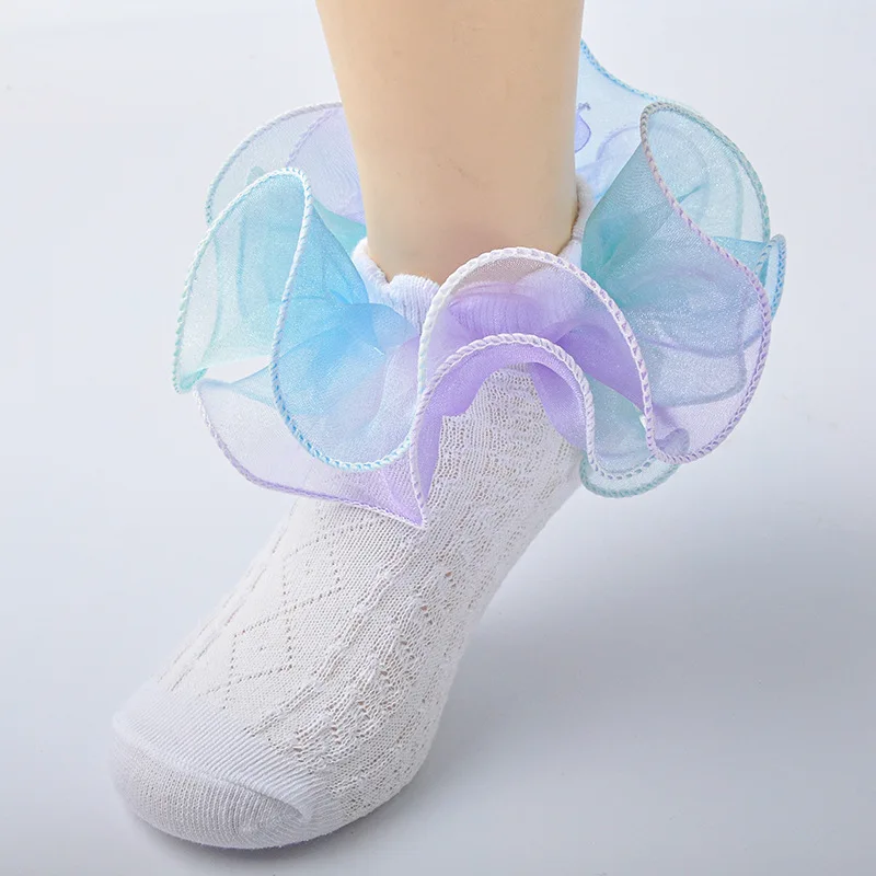 Baby Girls Ruffle Socks Soft Frilly Socks Color Gradient Print Turn Cuff Socks Toddler Crew Socks