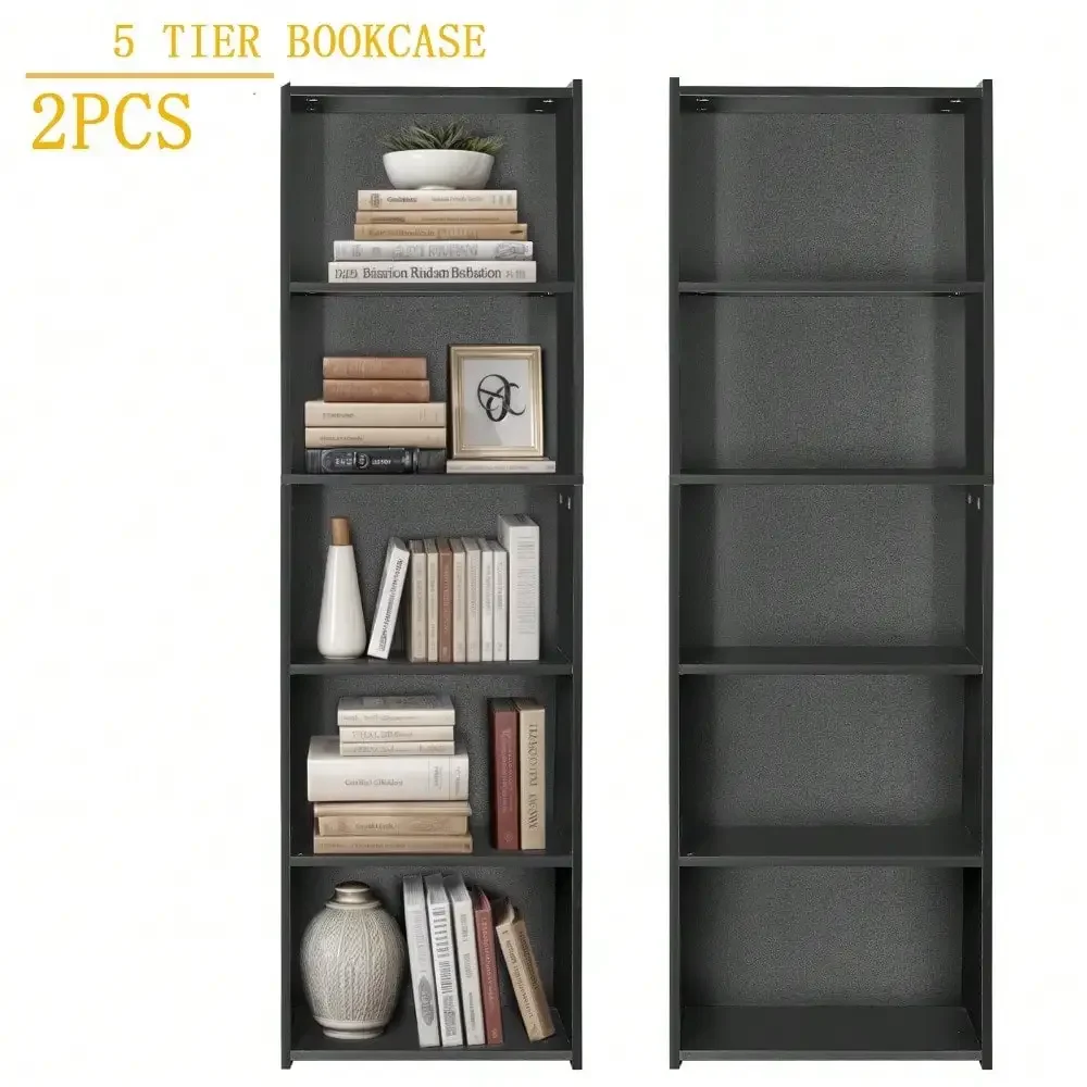 

2PCS 5 Shelves Black Bookcase Storage Cabinet Bookshelf for Home and Office