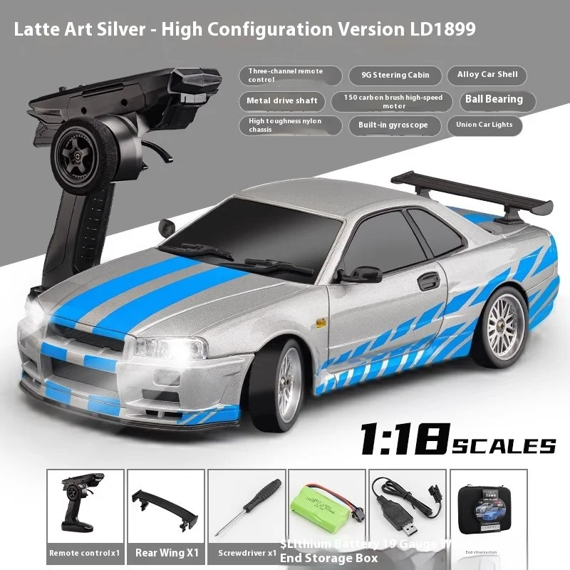 Ldrc escala 1:18 metal escudo de controle remoto carro tração traseira gtr deriva rc brinquedo com luz flip recurso modelo carro ld1899