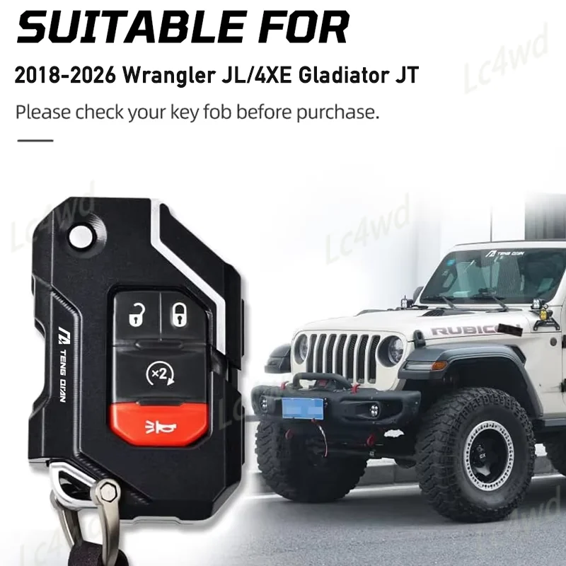 LC4WD 4x4 Exterior Accessories TENGQIAN Aluminum Key Case Key Cover Fob For Jeep Wrangler JL 4XE & Gladiator JT 2018-2026