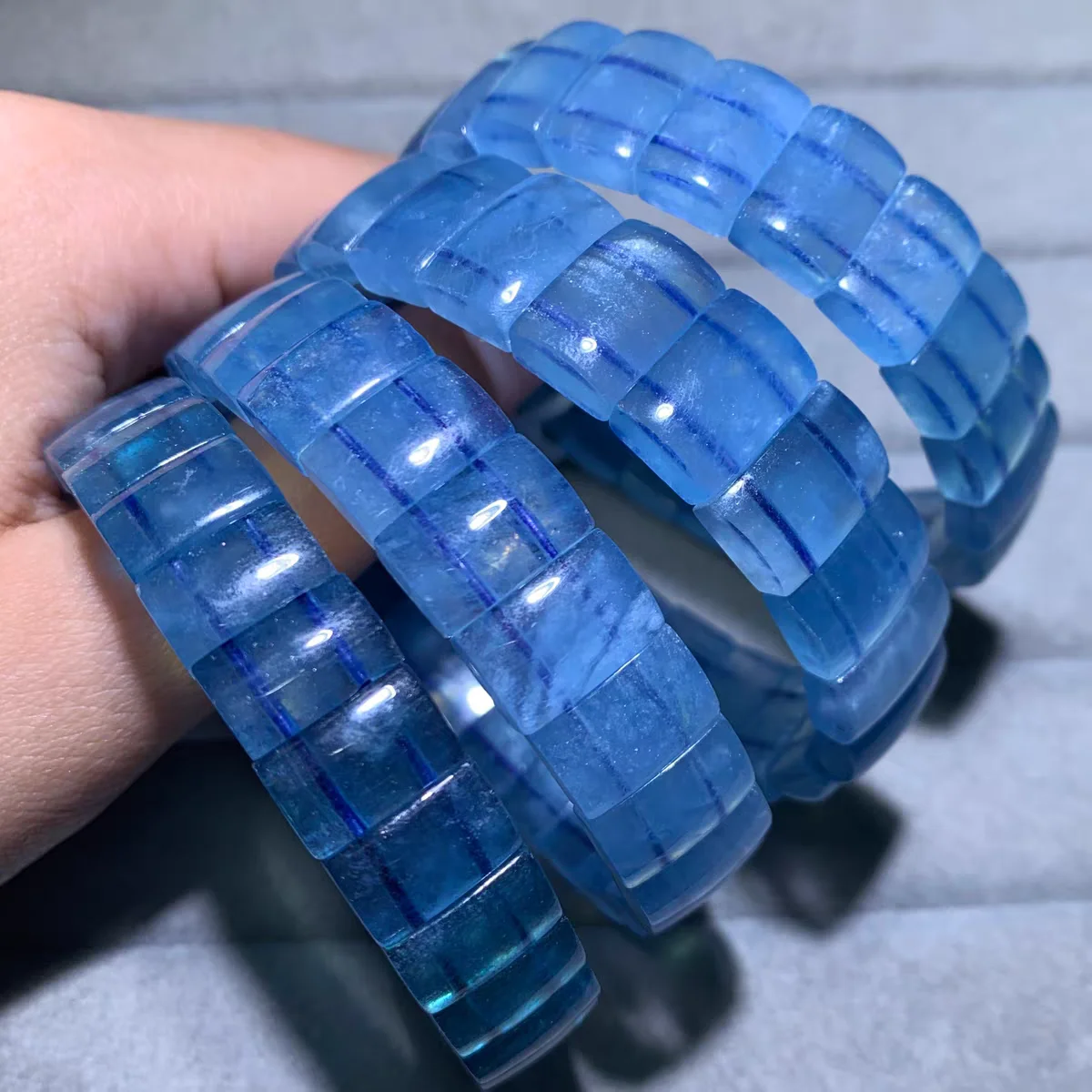Natural Blue Aquamarine Clear Rectangle Beads Bracelet Women Men Brazil 14x12mm Stretch Blue Aquamarine Jewelry AAAAA
