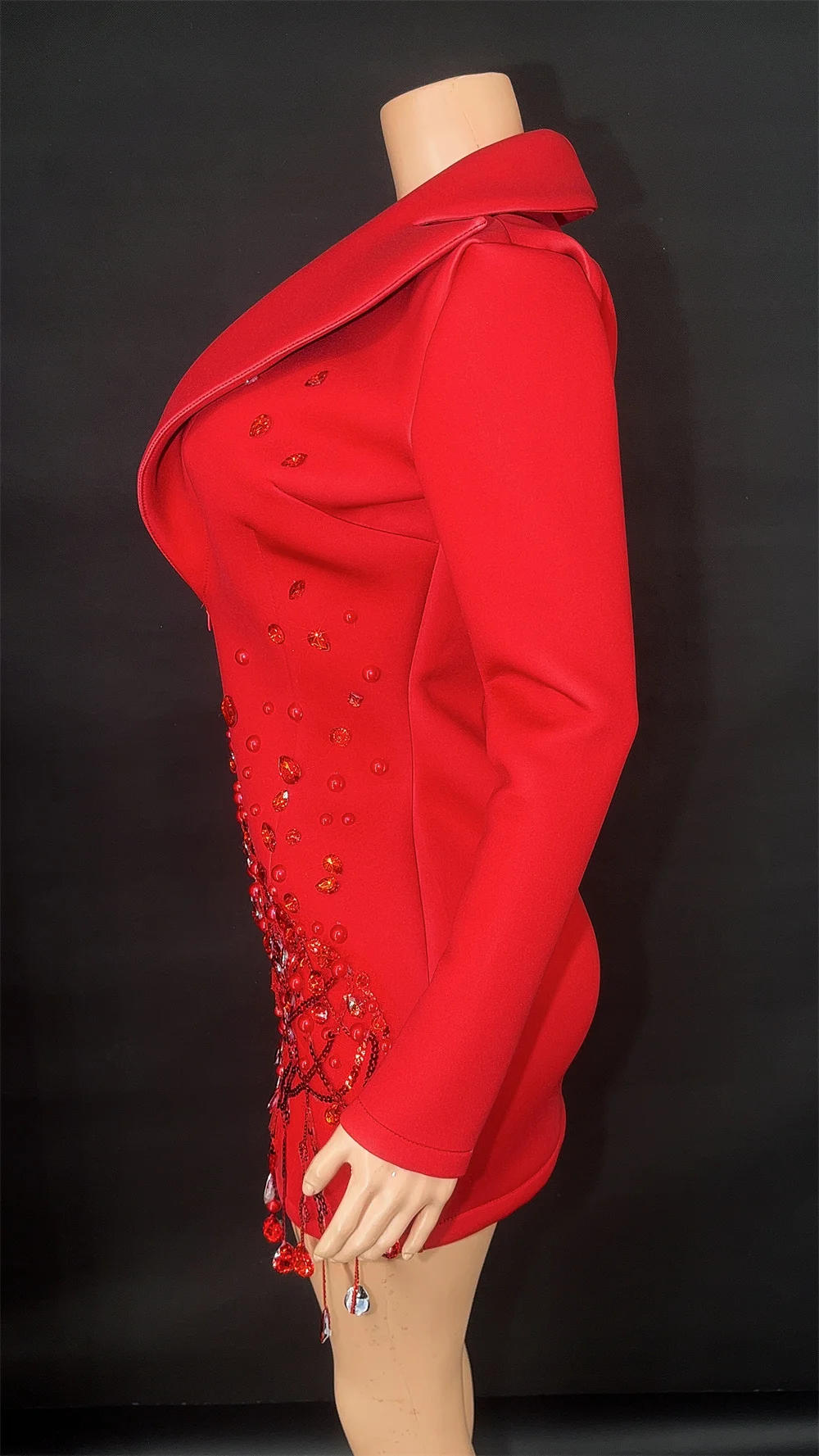 2025 New Sparkly Crystal Pearls Mini Dress Luxury Red Fashion Birthday Evening Party Nightclub Outfit Singer Stage Costume ﻿