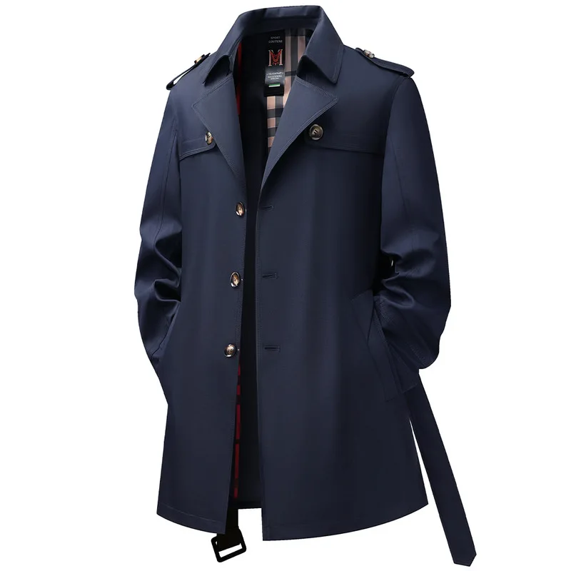 Men's Business Windproof Trench Coat Notched Collar Epaulet Strap Belted Double Breasted Mid Length Plaid Lined Outerwear Jacket