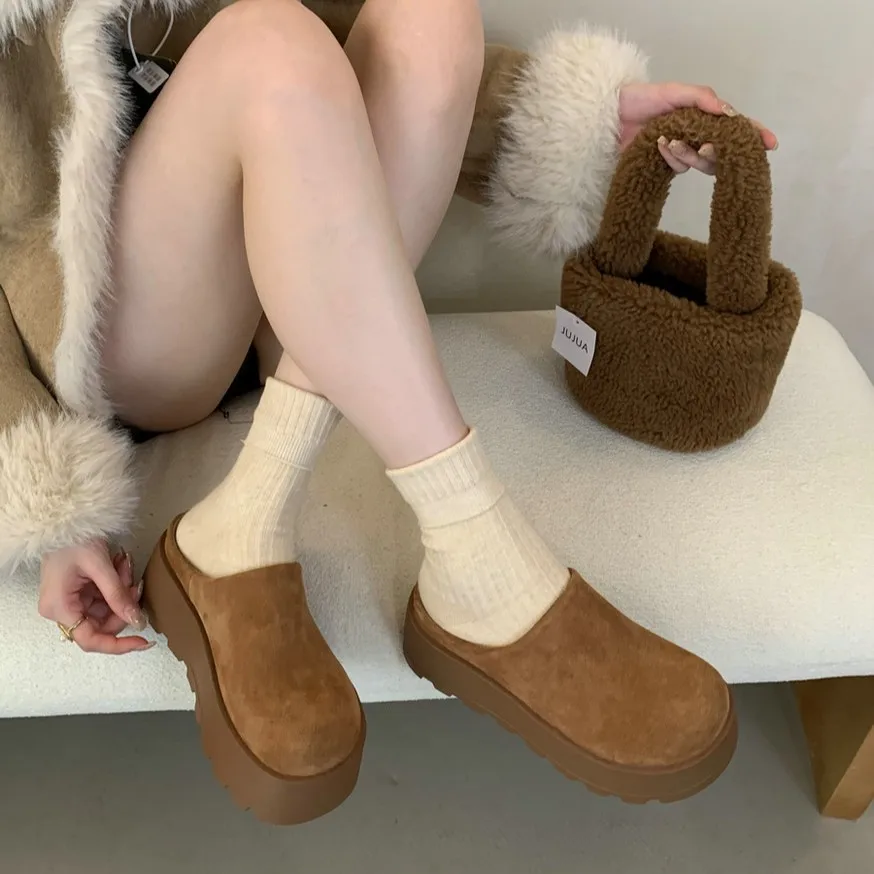 Shoes Cover Toe Slippers Soft Platform Slides Slipers Women Low Comfort 2024 PU Hoof Heels Fur Fabric Rome Shearling Rubber Casu