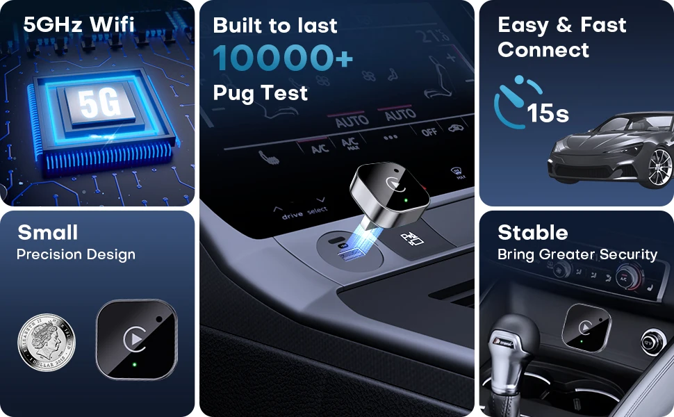 Kabelloser CarPlay-Adapter und Android Auto-Dongle, schnelle automatische Verbindung, kompakter Plug-and-Play-Kabelloser CarPlay-Konverter für iPhone und Android, USB/USB-C, keine Verzögerung, nahtlose Wiederverbindung (Schwarz) – Detail 2
