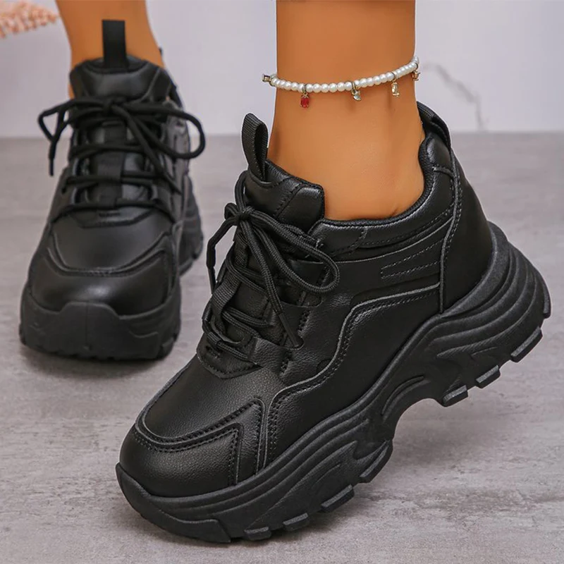 

White Chunky Platform Women's Sneakers Spring Thick Bottom Lace Up Sports Shoes Women Sewing Pu Leather Vulcanized Shoes Woman