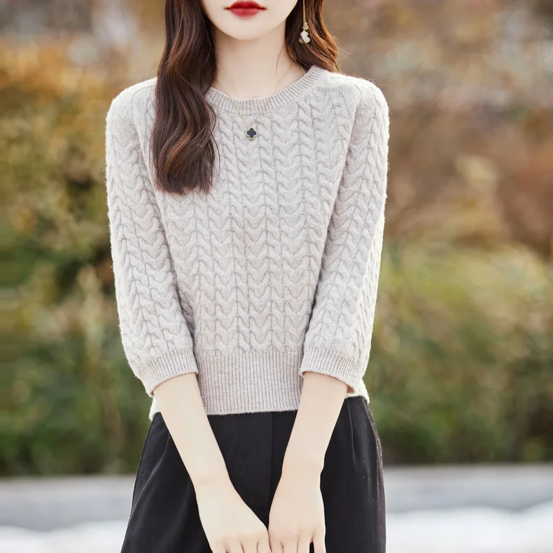 

Women's T-shirt Pure Wool Knit Sweater Round Neck Seven-Point Sleeve knitted Flower Pullover Spring and Autumn Loose Cropped Top