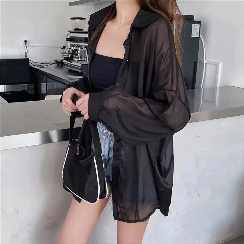 Y2K Women Chiffon Sun Protection Shirts Summer Sexy Beach Female Loose Tops Korean Fashion Student Transparent Blouse New