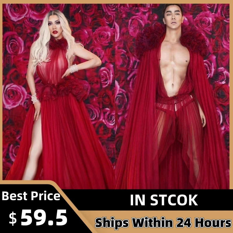 Red Flowers See Through Long Dress Birthday Celebrate Dresses Men Women Singer Stage Rave Outfit Drag Queen Costumes DT1351