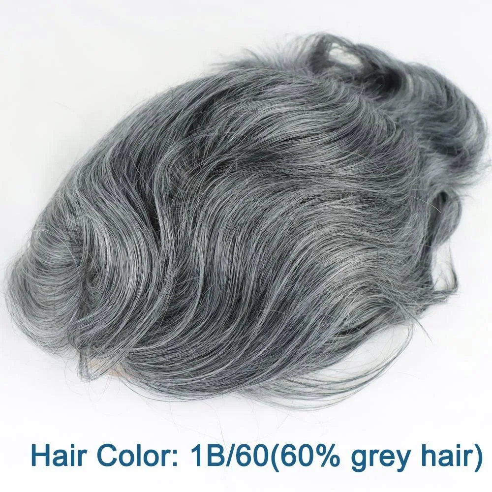 Grey Men's Human Hair Toupee, Wavy Mono Lace Front Wig