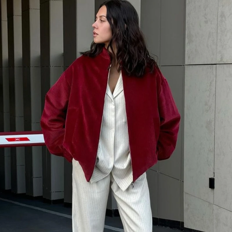 

TARUXY Casual Pleated Stand Collar Jacket Women's Fashion Zipper Pocket Solid Long Sleeves Street Coat Autumn Commuting Clothing