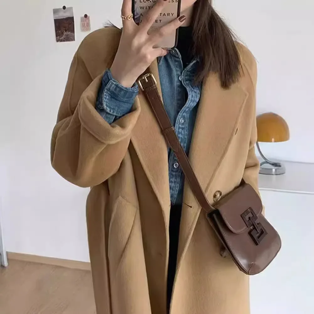 Belt woolen coat women's anti-season fashion fashion new double-breasted design autumn and winter woolen coat medium and long