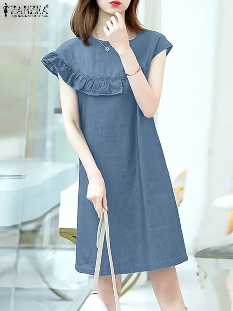 

ZANZEA Women Casual Work Vestidos Summer Fashion Short Sleeve Dress Ruffles Hem O-Neck Solid Vintage Streetwear Sundress 2024