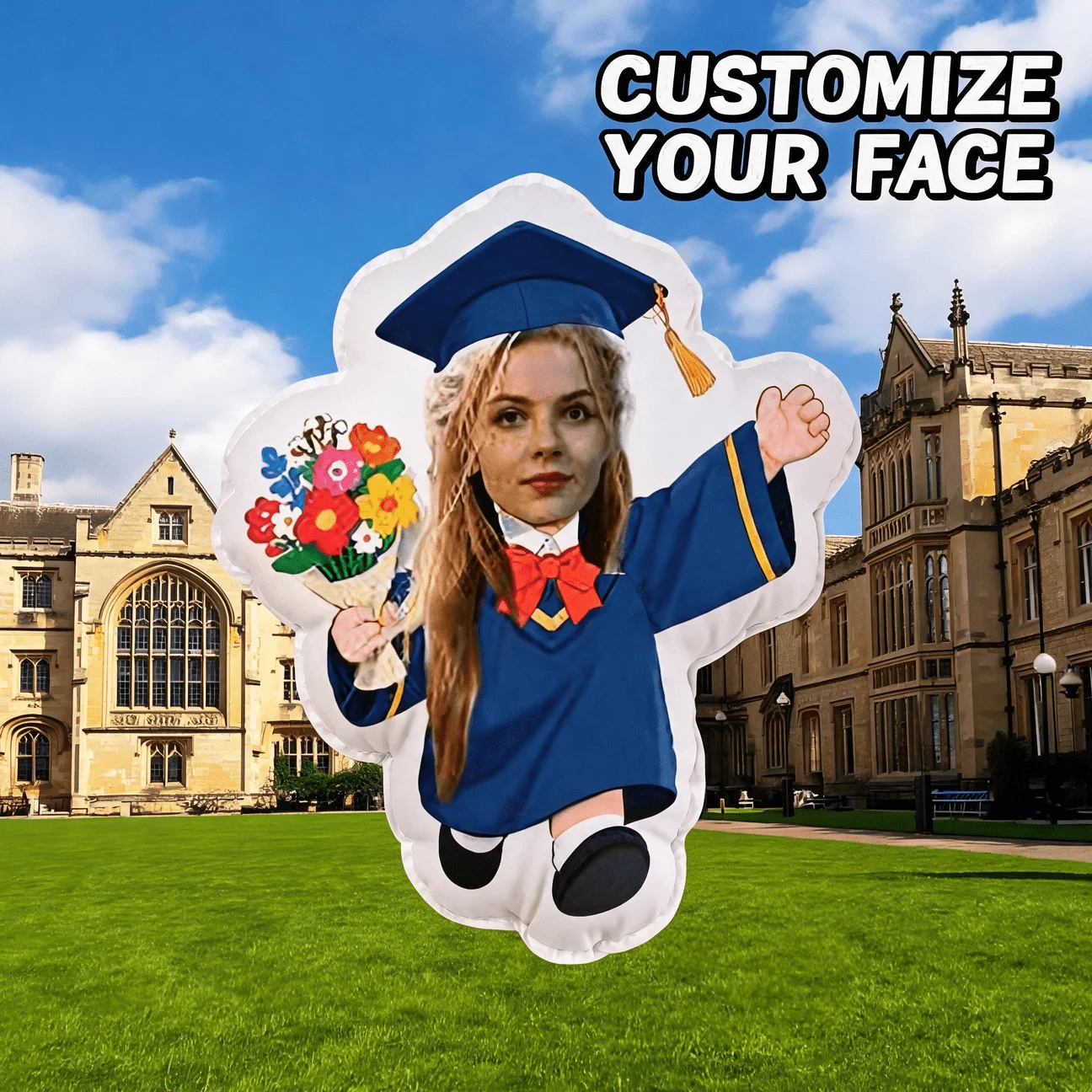 Custom Photo Graduation Shaped Pillow, Personalized Face in Blue Gown And Cap Holding Flowers Decorative Cushion, 70CM Home Deco
