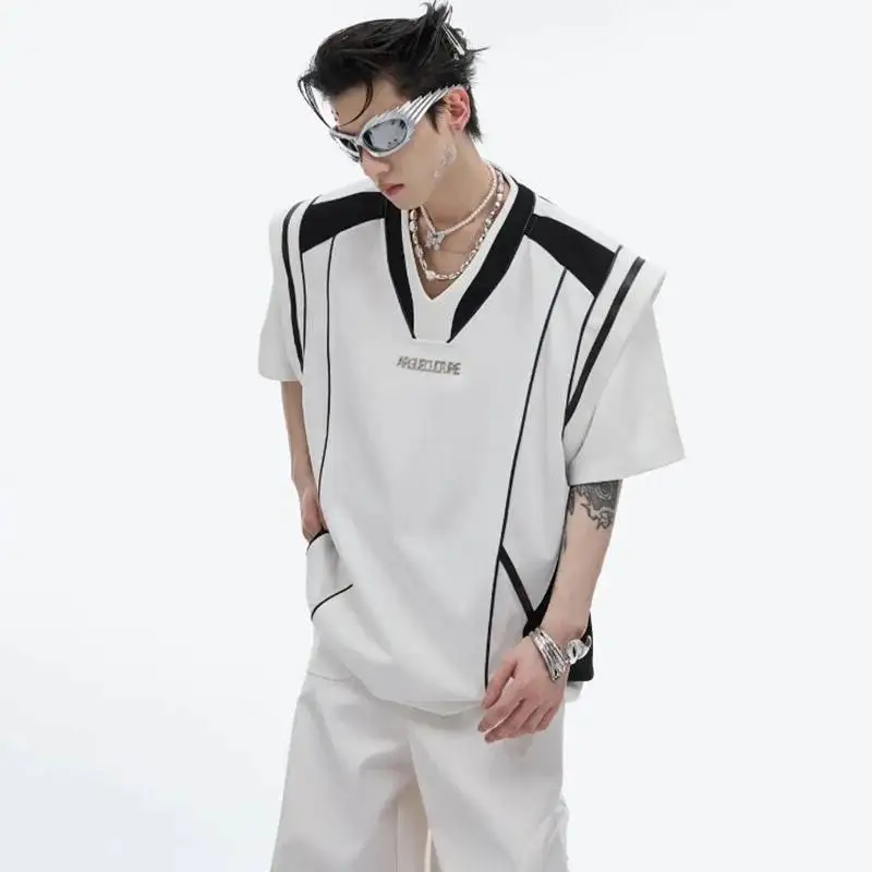 LUZHEN Splicing Summer Sleeve New Short Color 2026 Contrast T-shirts Men's V Neck Streetwear Fashion Shoulder Pad Tops JY8877