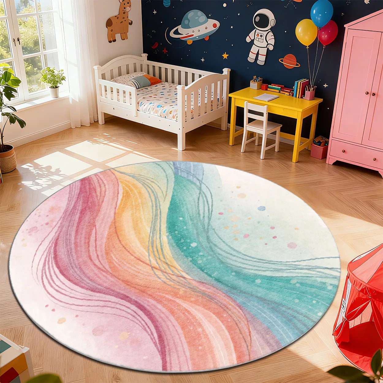 2d Printed Blue White Striped Pink Heart Round Area Rug Non Slip Floor Mat For Modern Nursery Room Decor Gift