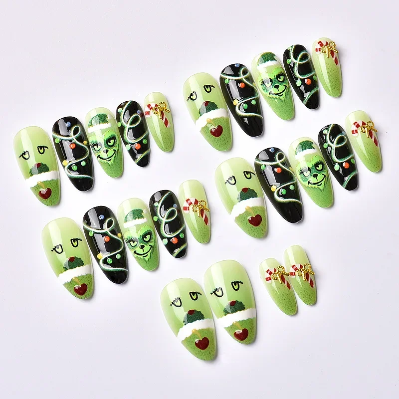 24 Stück Weihnachts-Kunstnägel mit grünem Haar, Jingel Bell Bow, künstliche Nägel für Frauen mit Schneeflocken-Weihnachtsmann-Muster, Nagel zum Aufdrücken