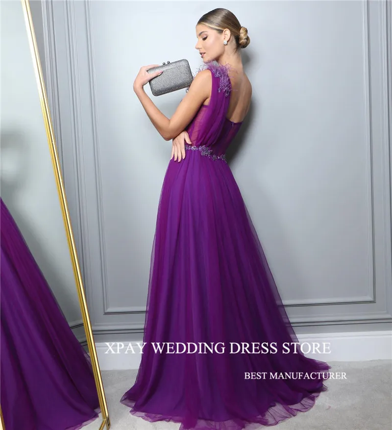 XPAY Purple Elegant Tulle Prom Dresses For Evening Party Feathers Applique Belt Formal Gowns Prom Dress Long Vestidos de fiesta