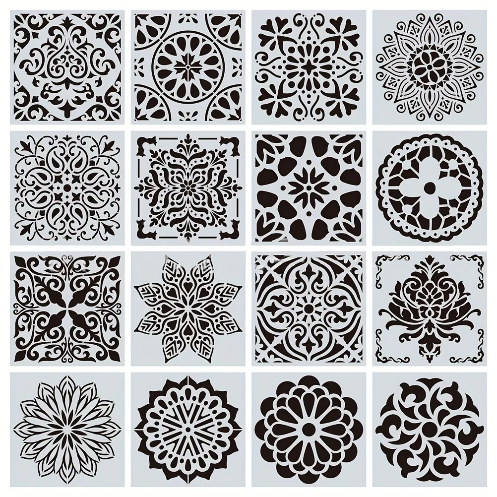 16Pcs 15*15cm Mandala Painting Stencils DIY Drawing Scrapbook Wall Stencil Painting for Wood Floor Tiles Fabric Art Template