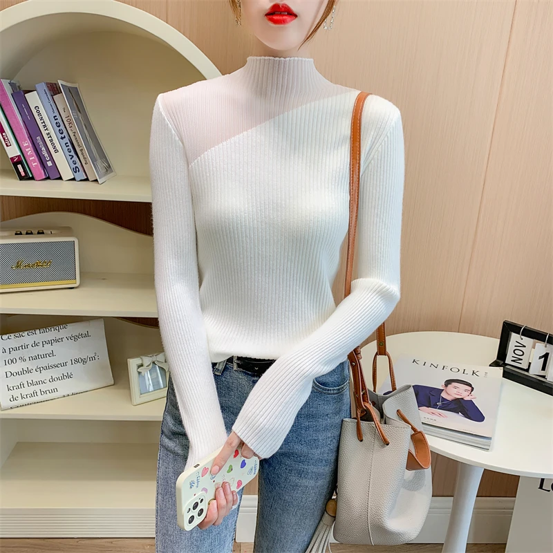 Ladies Fashion Mesh Stitching Pullover Sweater Women Clothing Girls Autumn Casual Knitwear Female Woman OL Sweaters Vy2423