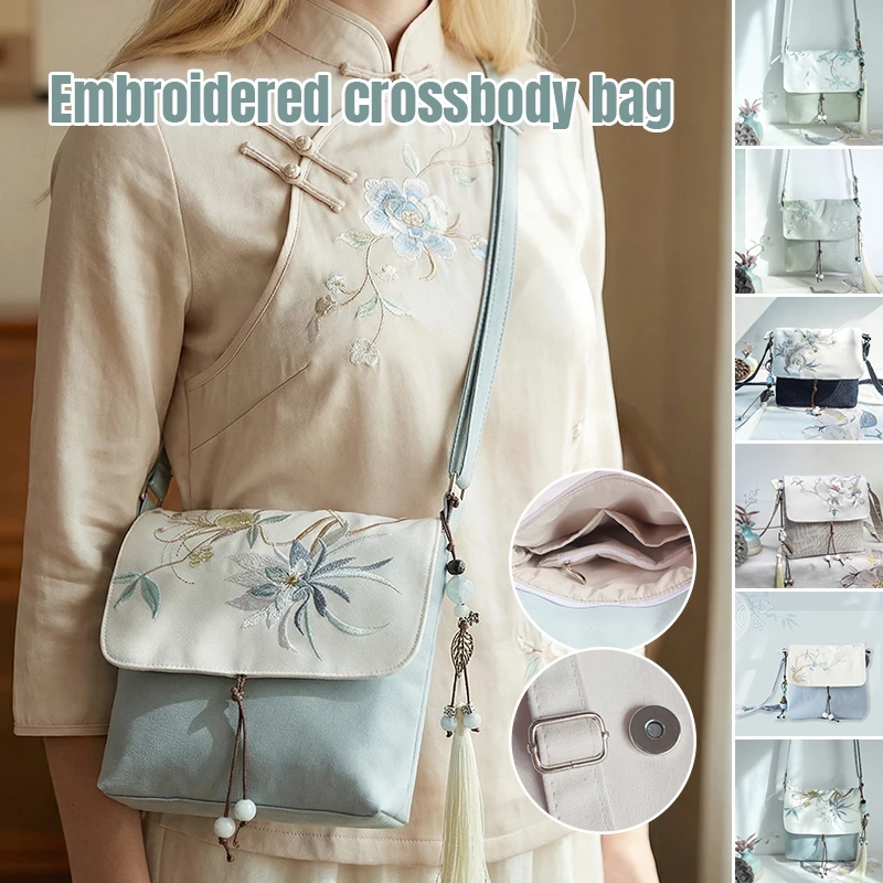 Borsa Quadrata Artistica in Stile Cinese, in Tela di Cotone e Lino con Ricami, Borsa a Tracolla Retrò Hanfu da Donna con Ciondolo