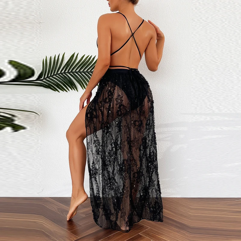 Vrouwen Diepe V-hals Backless Bandage Cross Eendelig Badpak Dame Strand Zwemmen Sexy Kant Transparante Rokken & Body Bikini Set