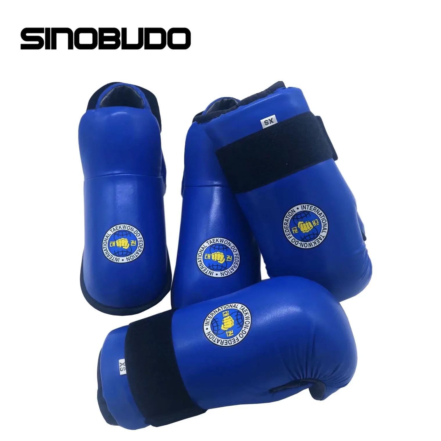 SINOBUDO ITF Taekwondo guantes de cuero PU rojo/azul, Protector de pies, artes marciales, entrenamiento de Karate, equipo Protector de traje de