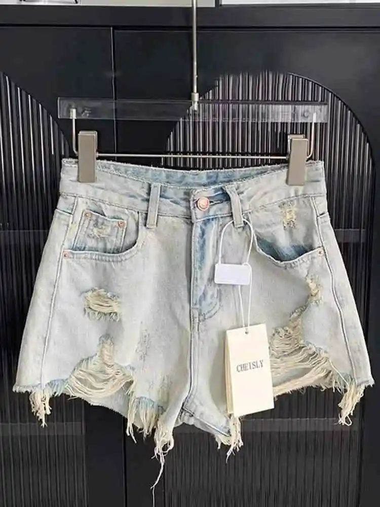 Retro Ripped Hole Denim Shorts Women's Summer High Waisted Casual A-line Jean Shorts New Trendy Versatile Hot Pants