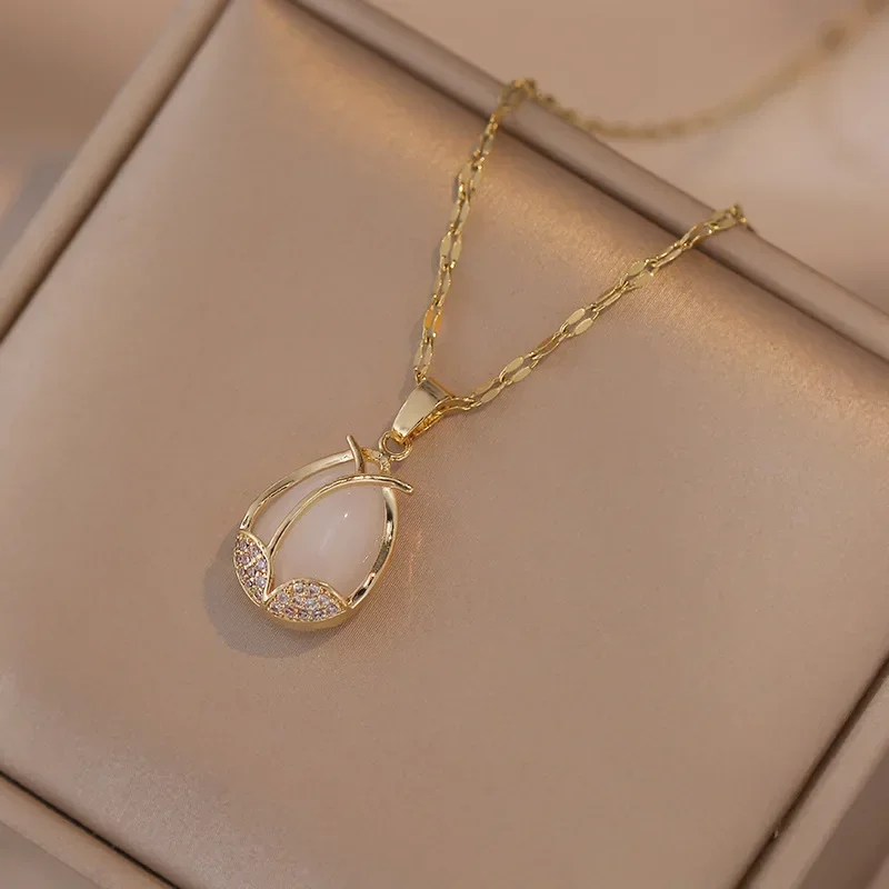 Elegant Tulip Drop Necklace for Women Opal Fashion Jewelry Golden Necklace Luxury Classic Party Clavicle Chain Jewelry Gifts