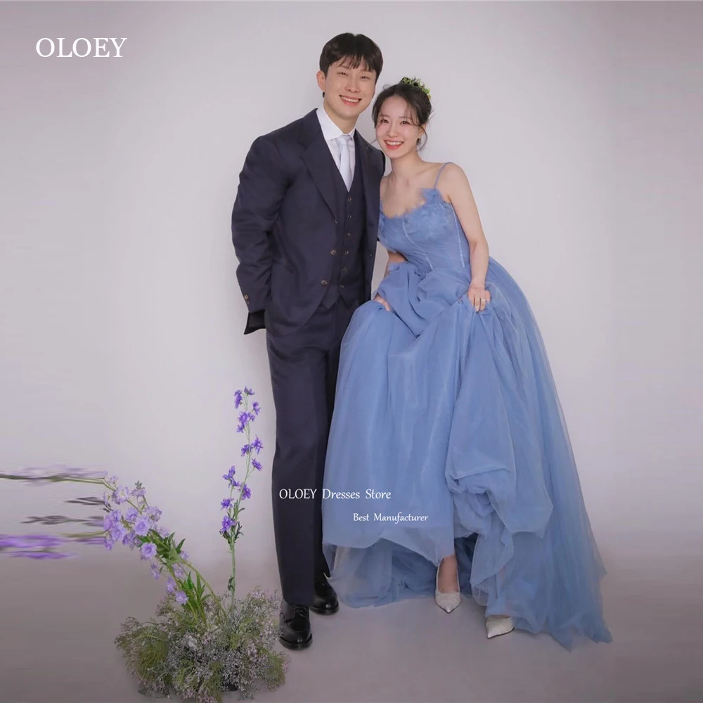 OLOEY-Vestidos de Noche elegantes de tul azul con tirantes finos, vestidos de fiesta formales de boda, vestido de graduación de sesión de fotos de Corea, corsé en la espalda