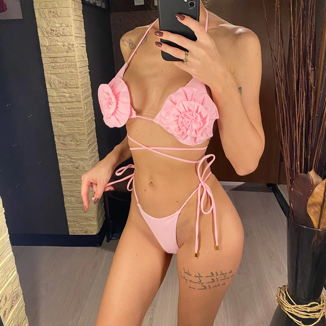 Halter 3D-Blumen Mini Micro Thong Bikini Damen Bademode Zweiteiliger Bikini Badeanzug Badebekleidung V4937 – Detail 3