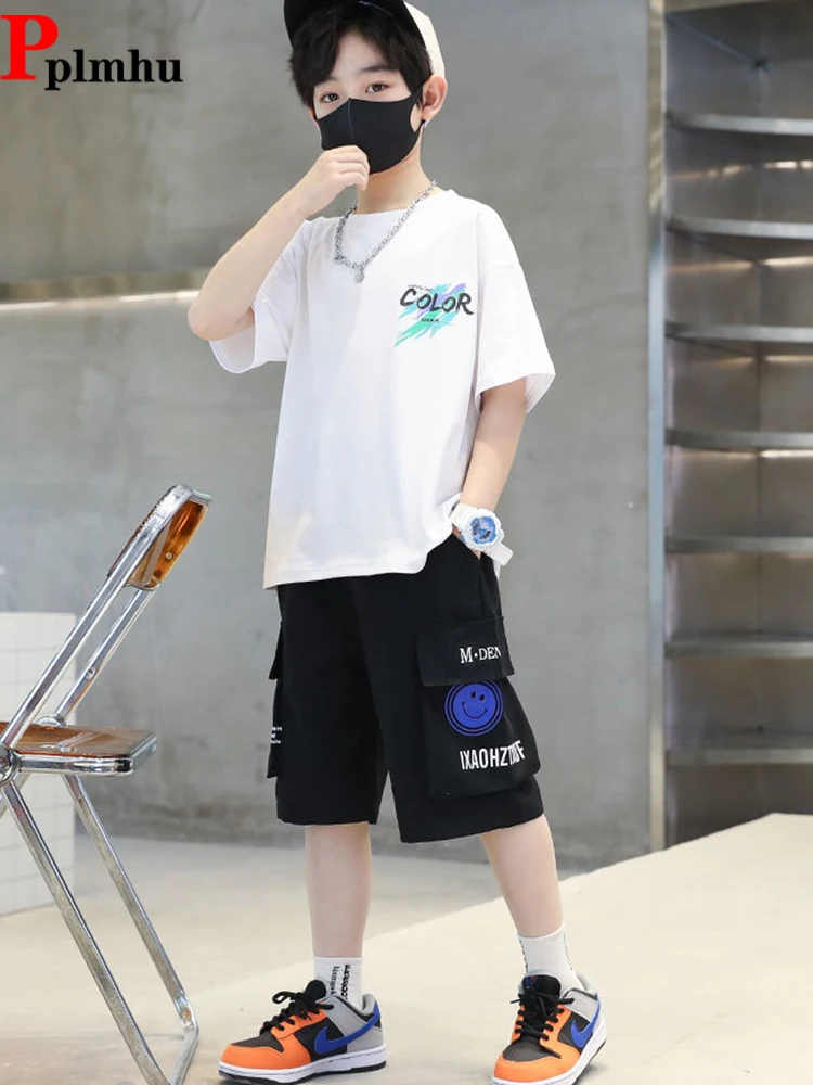 Children's T-shirts Conjuntos O Neck Print Tshirts Tops And Baggy Cargo Short Pants Ensembles Loose Fashion Boys 2 Piece Sets