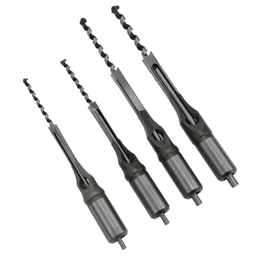 4pcs Bearing Steel Material Square Hole Drill Bits 1/4 5/16 3/8 1/2 Inch 6-9.5mm Size Range Woodworking Drill Bit Set