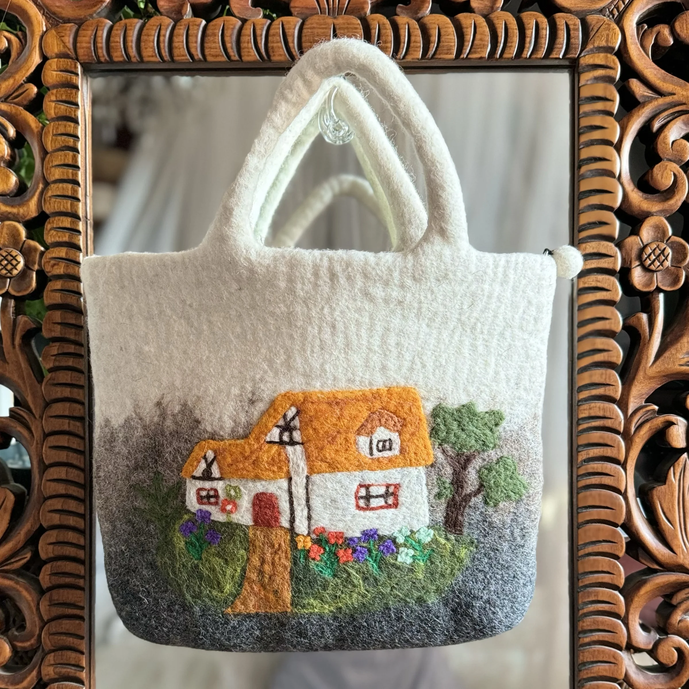 

Шерстяная фетровая сумка ручной работы в стиле ретро с милым музумом и белым кроликом, женская сумка в сельской местности, лес, дом, цветочный узор
