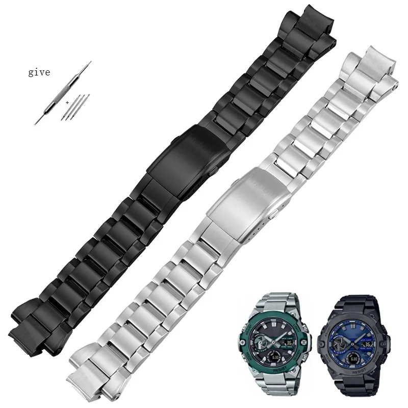 

Stainless Steel Watchband 26.14mm For Casio G-SHOCK GST-B400 Green Water Ghost Watch Strap Black Silver Metal men's Wristband