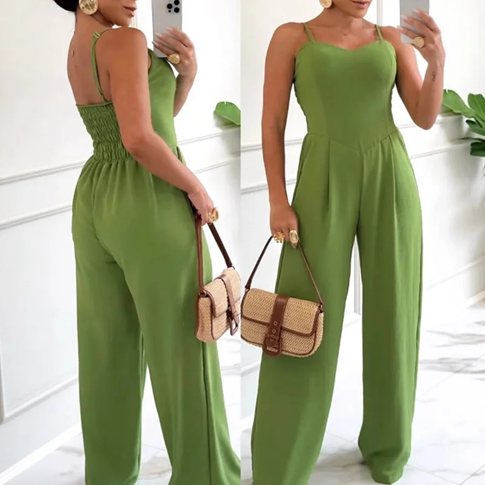 Damen-Overall mit quadratischem Ausschnitt, Spaghettiträger hinten, geraffter Cinch-Taille, weites Bein, eleganter Overall