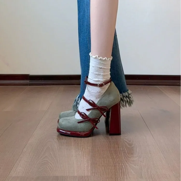 Exquisit Elegante Mary Jane High Heels mit Schleife und Blockabsatz für Damen, 2026 Neue Retro Vielseitige Schlankmachende Pumps mit Tiefem Ausschnitt