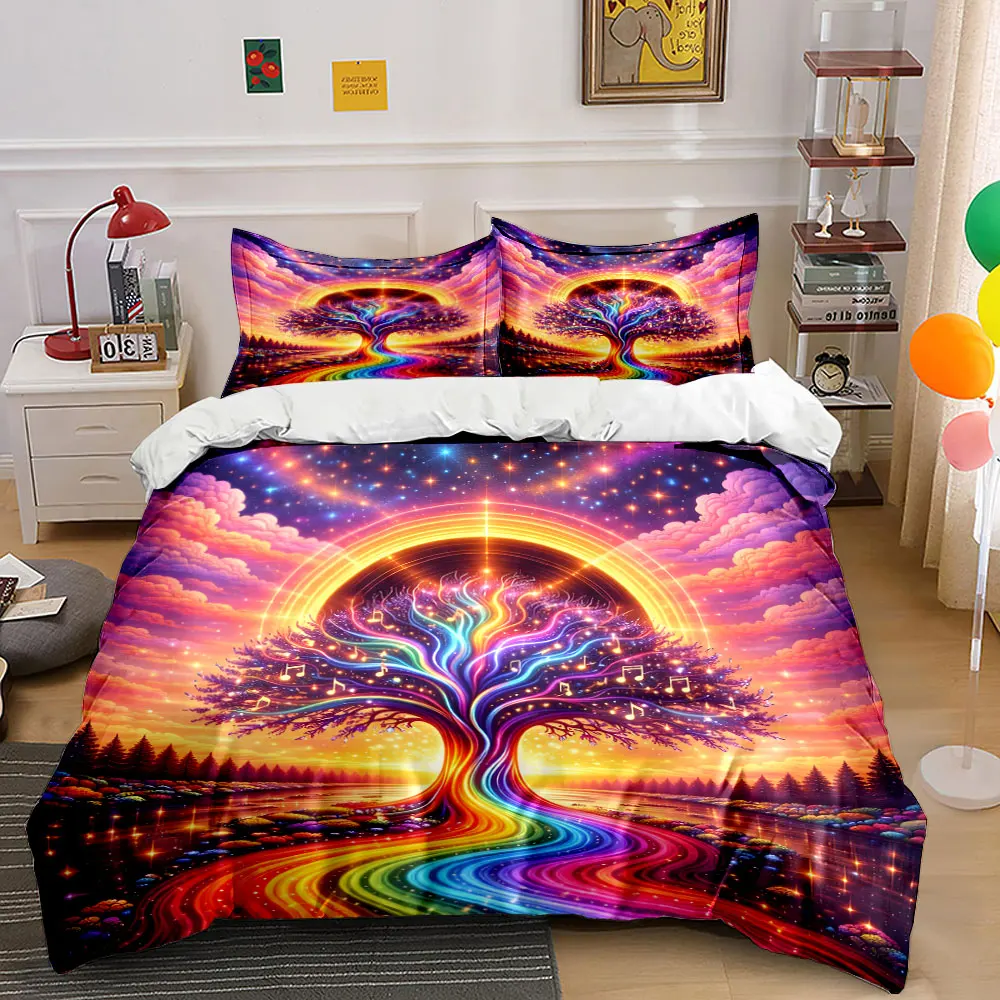 Rainbow Tree and Dreamy Night Sky Print Bedding Set 1 Duvet Cover 2 Pillowcases for Adult and Children Luxury Gift Full Size