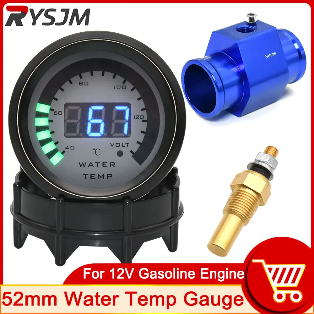 

HD 52mm Black Shell Auto Car Water Temperature Gauge Temp Meter 40-140 Celsius with Water Temp sensor 10mm Thermometer Adapter