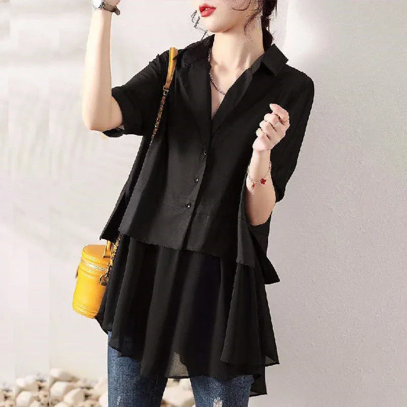 Single Breasted Thin Solid Cotton Spliced Women Shirt V-Neck Slim Pleated Summer Office Lady Women\'s Clothing 2022 New Fashion