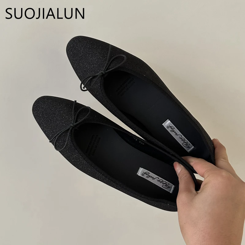 SUOJIALUN Spring New Brand Women Flat Shoes Fashion Round Toe Shallow Slip On  Ballerinas Shoes Soft Flat Heel Dress Ballet Shoe