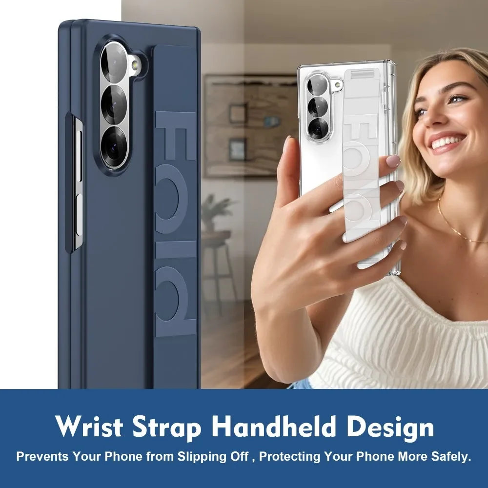For Samsung Galaxy Z Fold 6 5 Case ZFold5 Ultrathin Matte Silicone Wristband Transparent Shockproof Hingle Folding Hard PC Cover