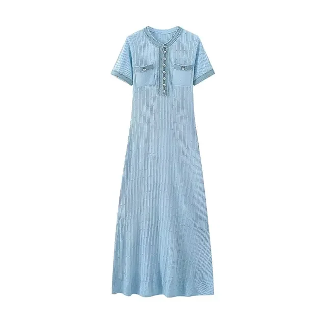 New Women Summer Fashion Denim Ing Knitted O-Neck Single-Breasted Pocket Decorative Woman Short-Sleeved Dress